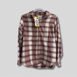 NWT Jachs Girlfriend NY Flannel Shacket in tan, white and pink WITH POCKETS